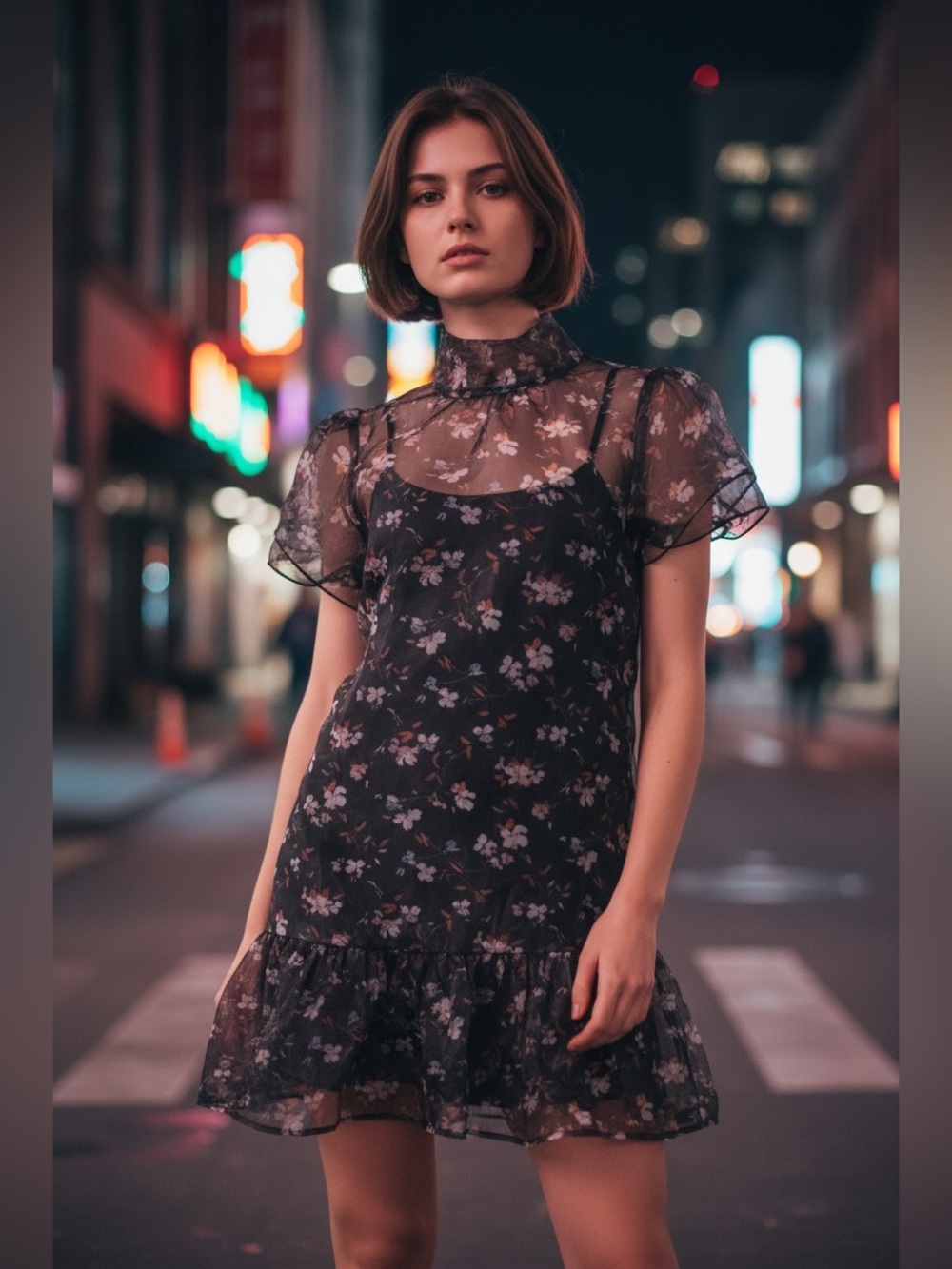 NWT SugarLips XS Black Floral Organza Mock Neck Puff Sleeve Mini Dress w/  Slip